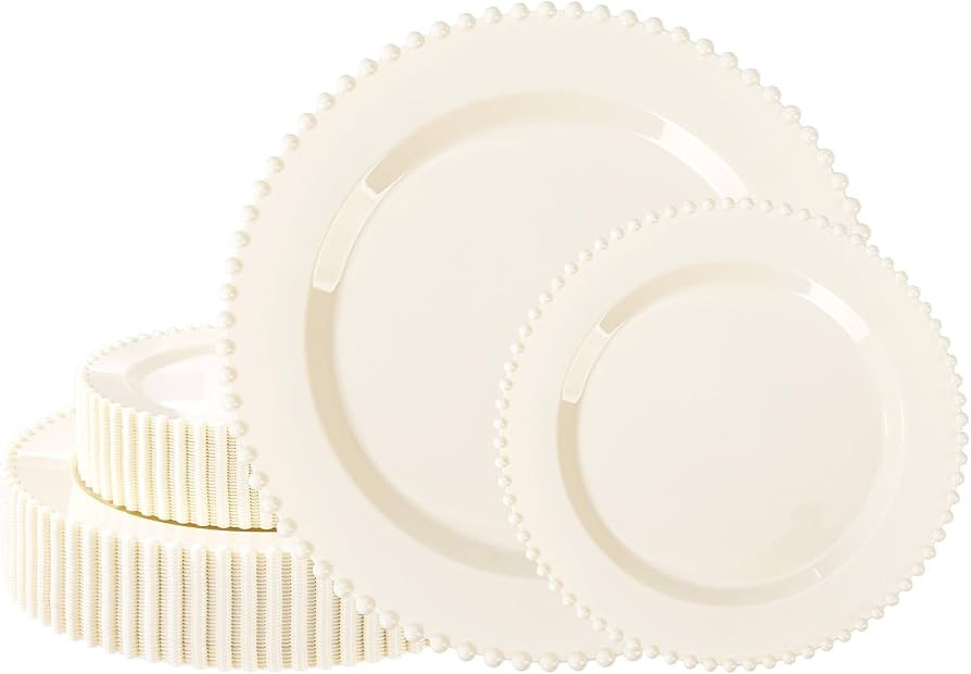 U-QE 60PCS Ivory Plastic Plates - Beaded Ivory Plates Disposable Heavy Duty - Perfect for Party, ... | Amazon (US)