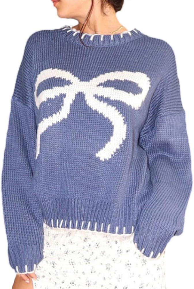 Women's Oversized Knit Sweater with Bow Pattern Round Neck Cute Casual Loose Fit Pullover | Amazon (US)