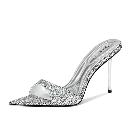 Ouwilov Silver Mule Heels for Women Slip On Pointed Toe 9.5cm Metal Stiletto Sparkly Rhinestone Texture Dress Shoes for Wedding Party Holiday Fashion Events Stylish Comfortable Chic Footwear | Amazon (US)