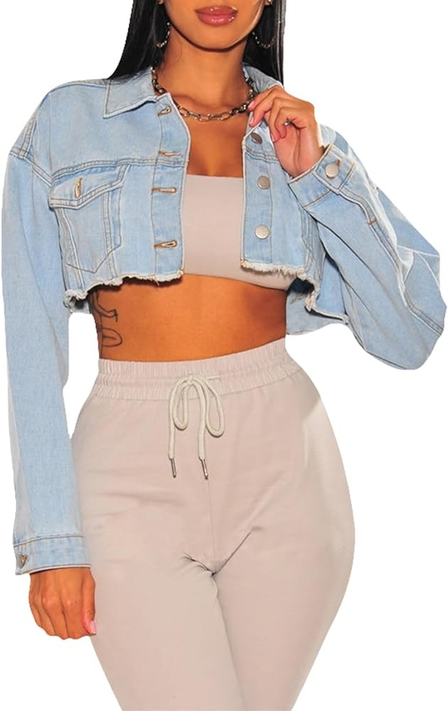 Women's Crop Top Jean Jacket Button Down Long Sleeve Cropped Denim Jacket Coat | Amazon (US)