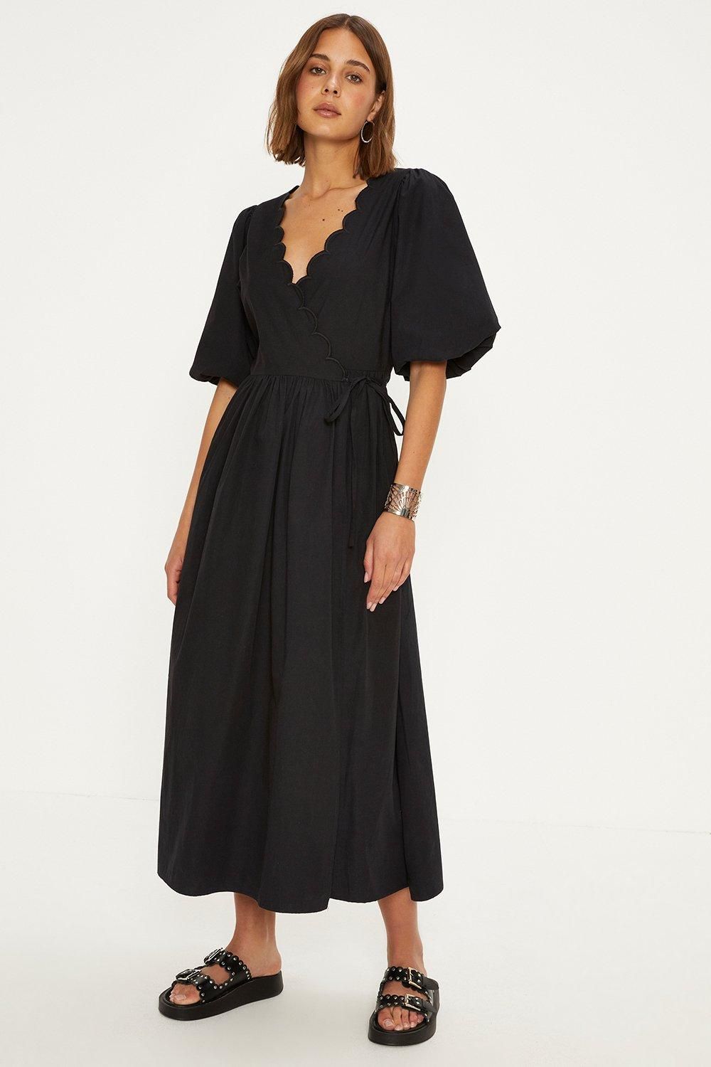 Puff Sleeve Scallop Wrap Midi Dress | Oasis UK & IE