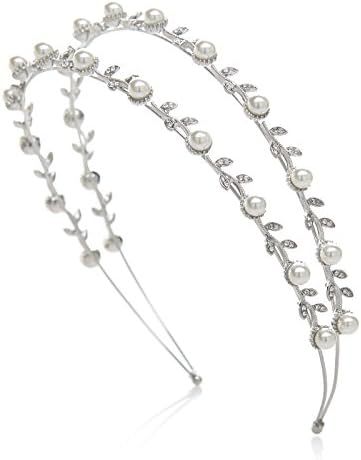 SWEETV Pearl Wedding Headband Silver Double Band Bridal Headpieces Crystal Tiara Women Hair Accessor | Amazon (US)