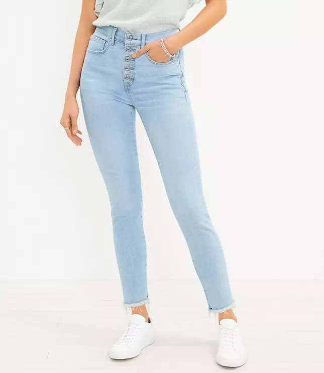 Petite Frayed Button Front High Rise Skinny Jeans in Original Mid Indigo Wash | LOFT