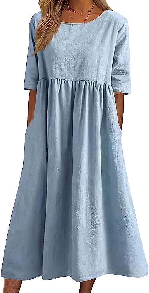 ZOCANIA Women's Half Sleeve Linen Maxi Dresses Casual Loose Plus Size Beach Dress for Women with ... | Amazon (US)