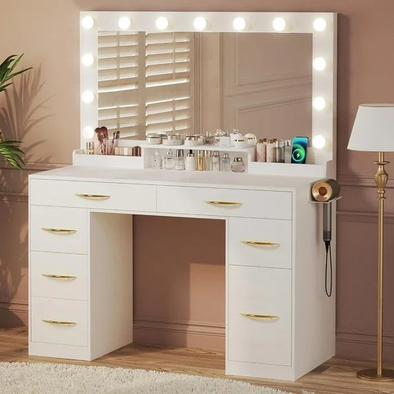 Tomnk woo White Makeup Vanity Desk with Large Mirror, Adjustable Lights, Storage Drawers & Power ... | Walmart (US)
