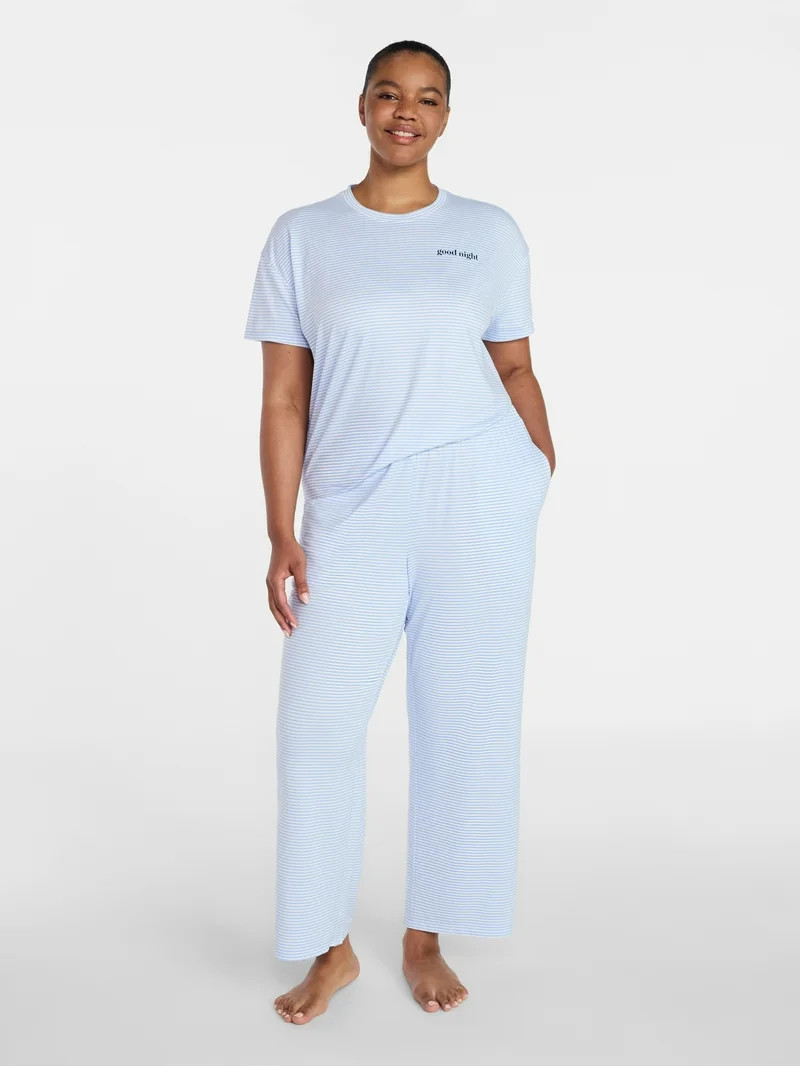 Joyspun Women's Dreamy Soft Collection Short Sleeve Sleep Top and Open Leg Pants Pajama Set, 2-Pi... | Walmart (US)