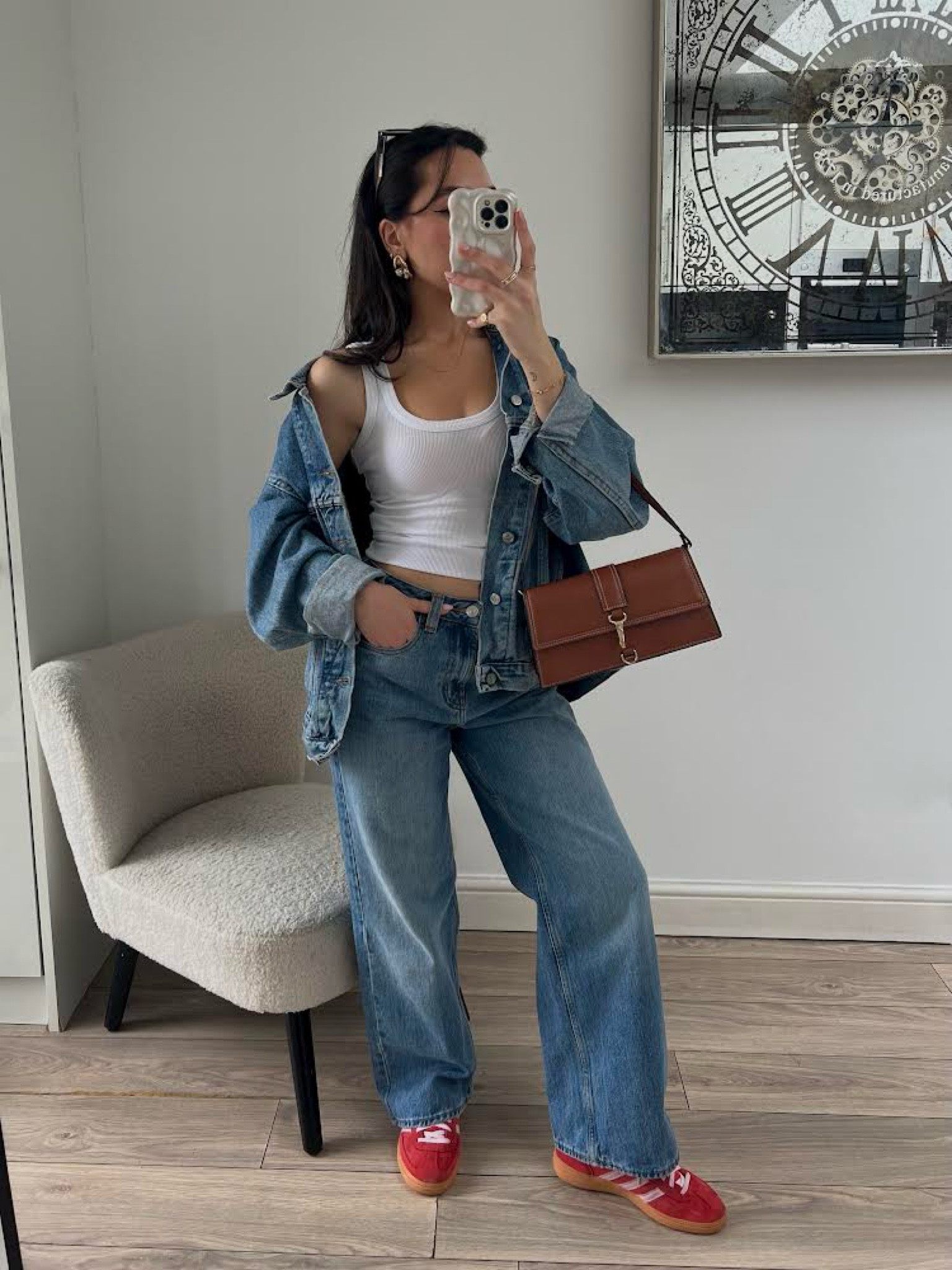 Double denim, casual outfit, red and pink adidas special trainers, asos, white vest, denim jacket, wide leg jeans, baggy jeans, petite denim, vintage denim jacket 

#LTKSeasonal #LTKstyletip #LTKeurope