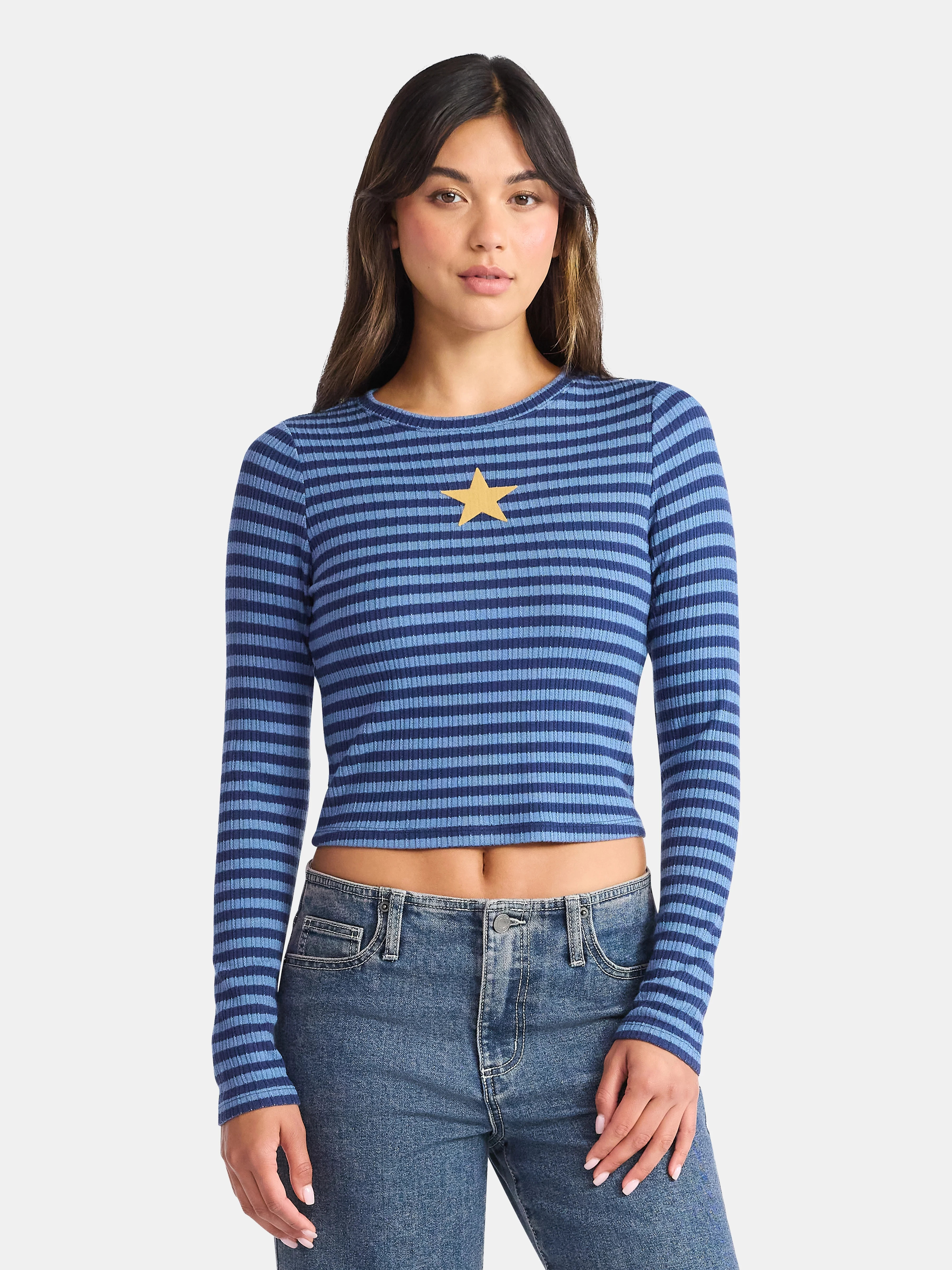 No Boundaries Graphic Striped Pointelle Top with Long Sleeves, Women’s | Walmart (US)