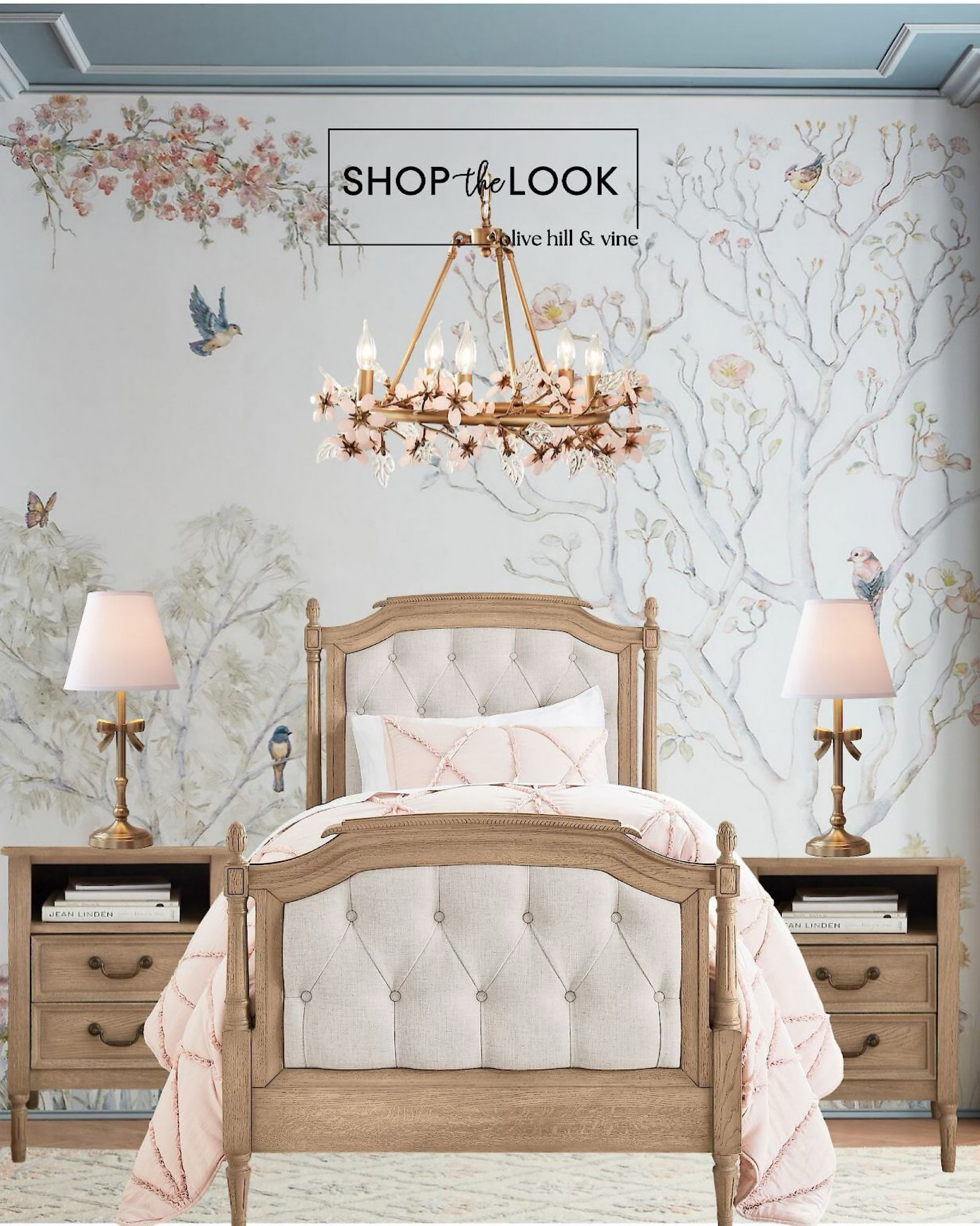 Step into a castle-garden dream with our enchanting bedroom design. A breathtaking wall mural sets the scene with trees, birds, and florals, complemented by a flower chandelier and ribbon lamp. The bed's exquisite detailing and matching nightstand complete the royal retreat. 

#LTKHome #LTKFamily #LTKKids