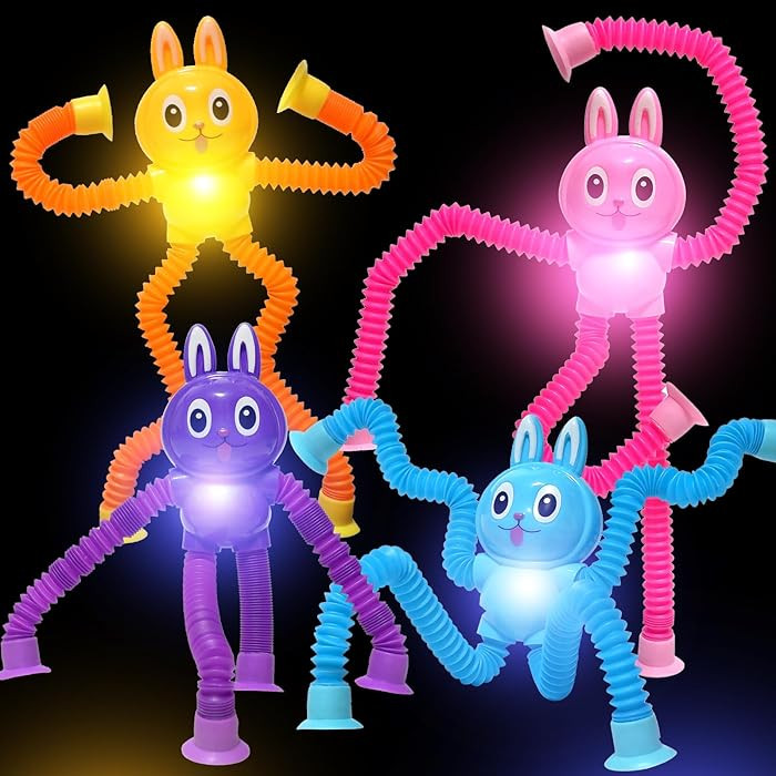 Easter Bunny LED Pop Tubes Light Up 4 Pcs Sensory Fidget Toys, Telescopic Suction Cup Easter Bask... | Amazon (US)