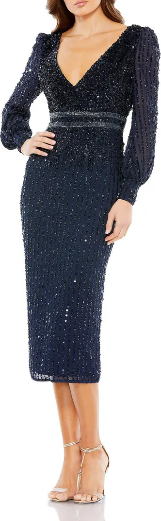 Mac Duggal V-Neck Sequined Overlay Gown with Long Bishop Sleeves and Embellished Waist | Nordstro... | Nordstrom