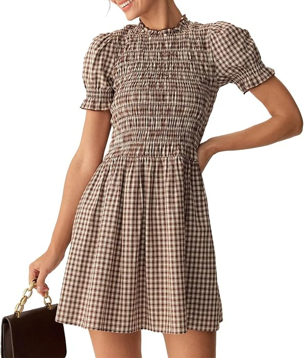 RIHOAS Plaid Gingham Mini Dress Short Sleeve Smocked Dresses for Women | Amazon (US)