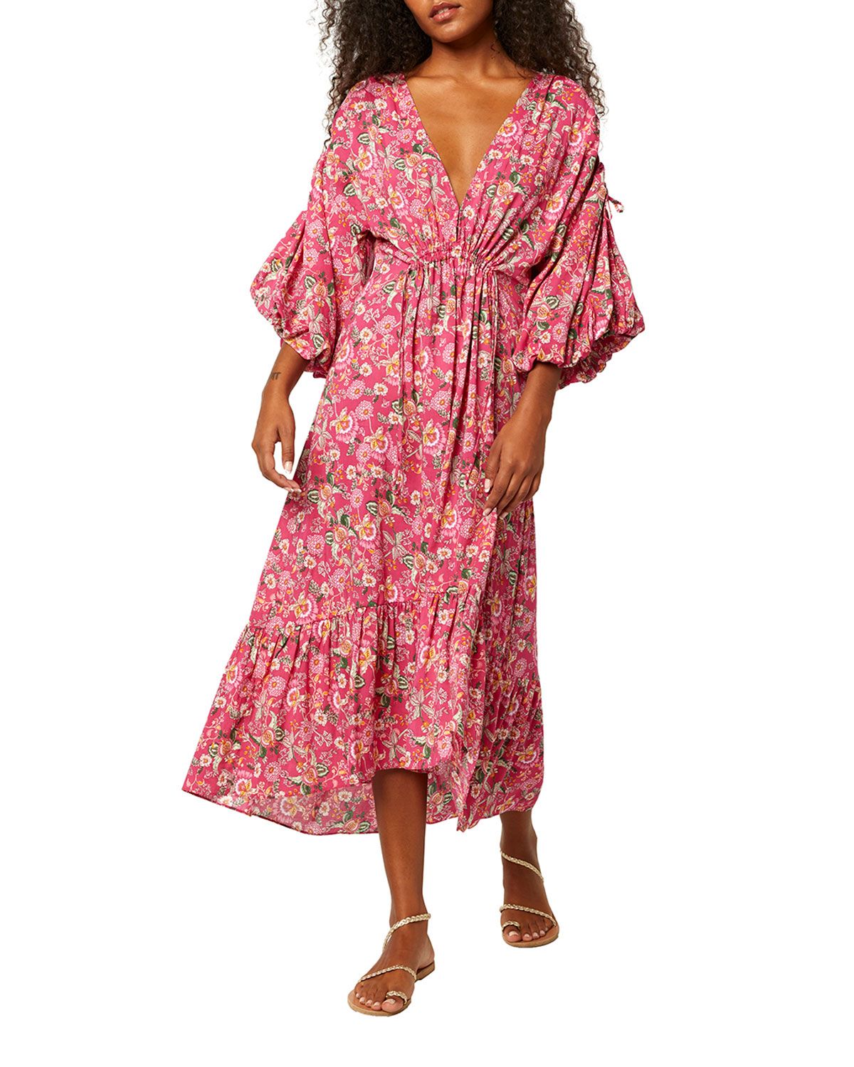 Johanna Blouson-Sleeve Floral Long Dress | Neiman Marcus