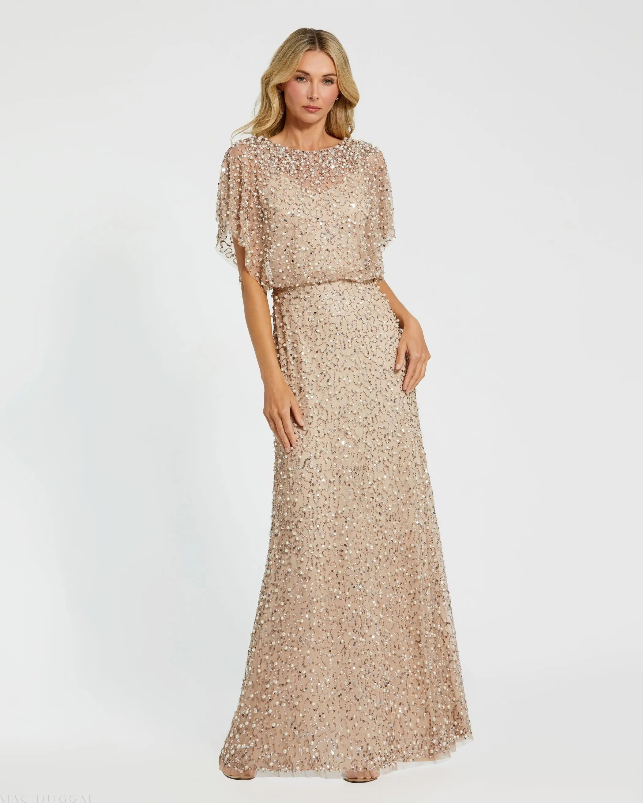 Beige High Neck Short Sleeve Embellished Gown | Mac Duggal