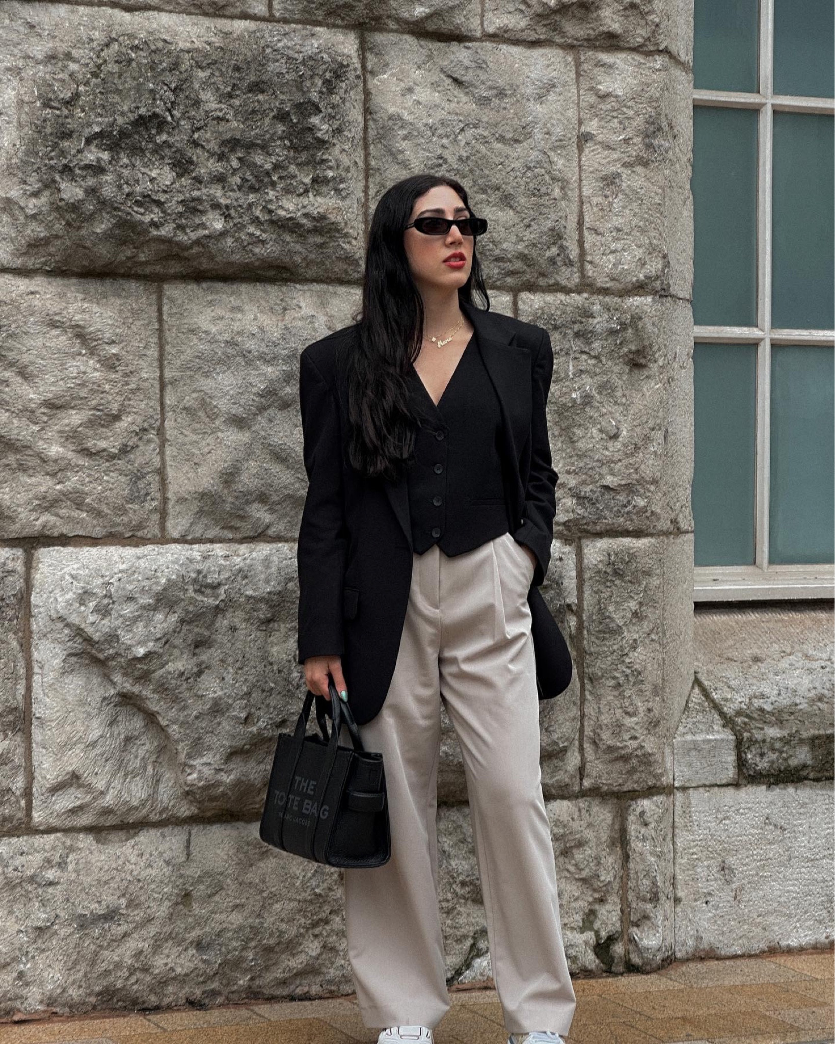 Black waistcoat, tailored pants, oversized blazer, saint laurent oval sunglasses, marc jacobs tote bag, axel arigato sneackers 

#LTKeurope #LTKFind #LTKstyletip