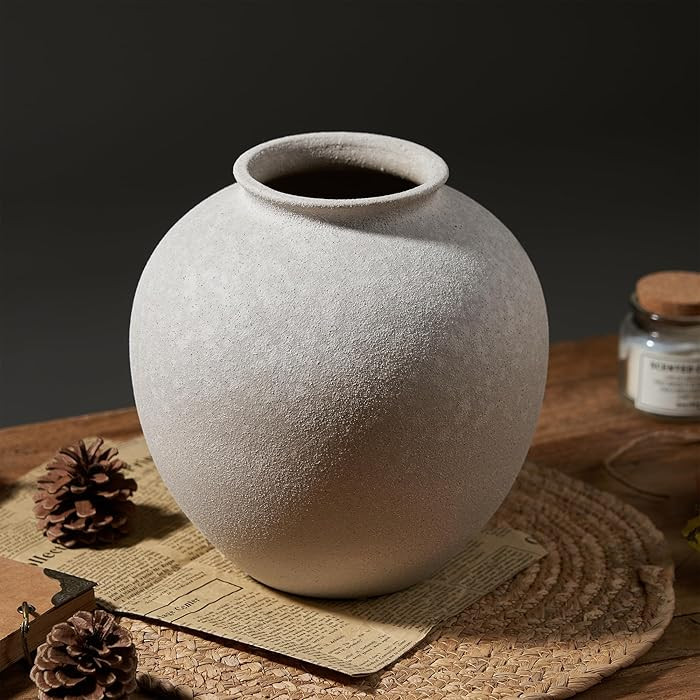White Ceramic Vase - 7.8 Inch Rustic Farmhouse Vase for Home Decor, Round Modern Ceramic Vases fo... | Amazon (US)