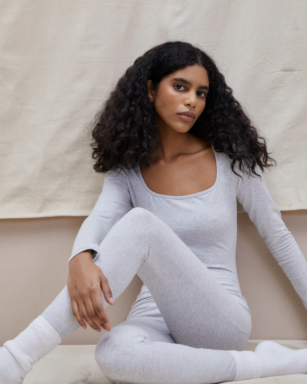 Cotton Square Neck Unitard - Grey Melange | Adanola UK