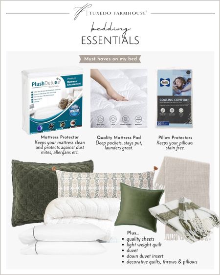 My bedding essentials. 

Mattress protectors, mattress pads, pillow protectors, bed quilts, decorative pillows, throw blankets, bed sheets, duvets, down comforters, bed linens, bedding  

#LTKSeasonal #LTKFind #LTKhome