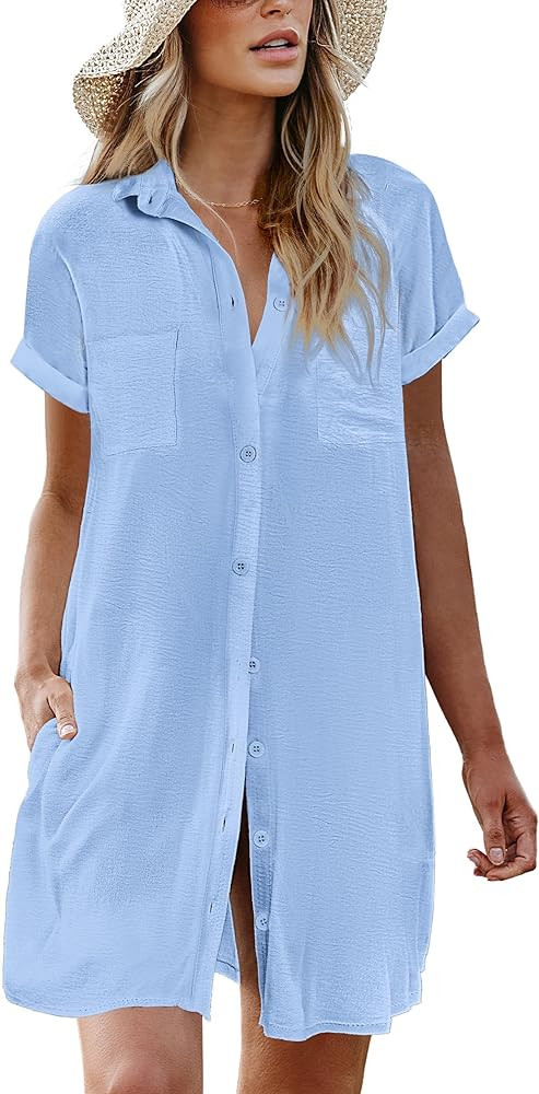 AI'MAGE Womens Bathing Suit Cover Ups Summer Shirt Dress Casual Short Sleeve Button Down Beach Sh... | Amazon (US)