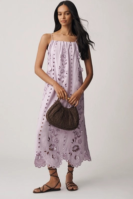 Farm Rio Lilac Richelieu Eyelet Midi Dress | Anthropologie (US)