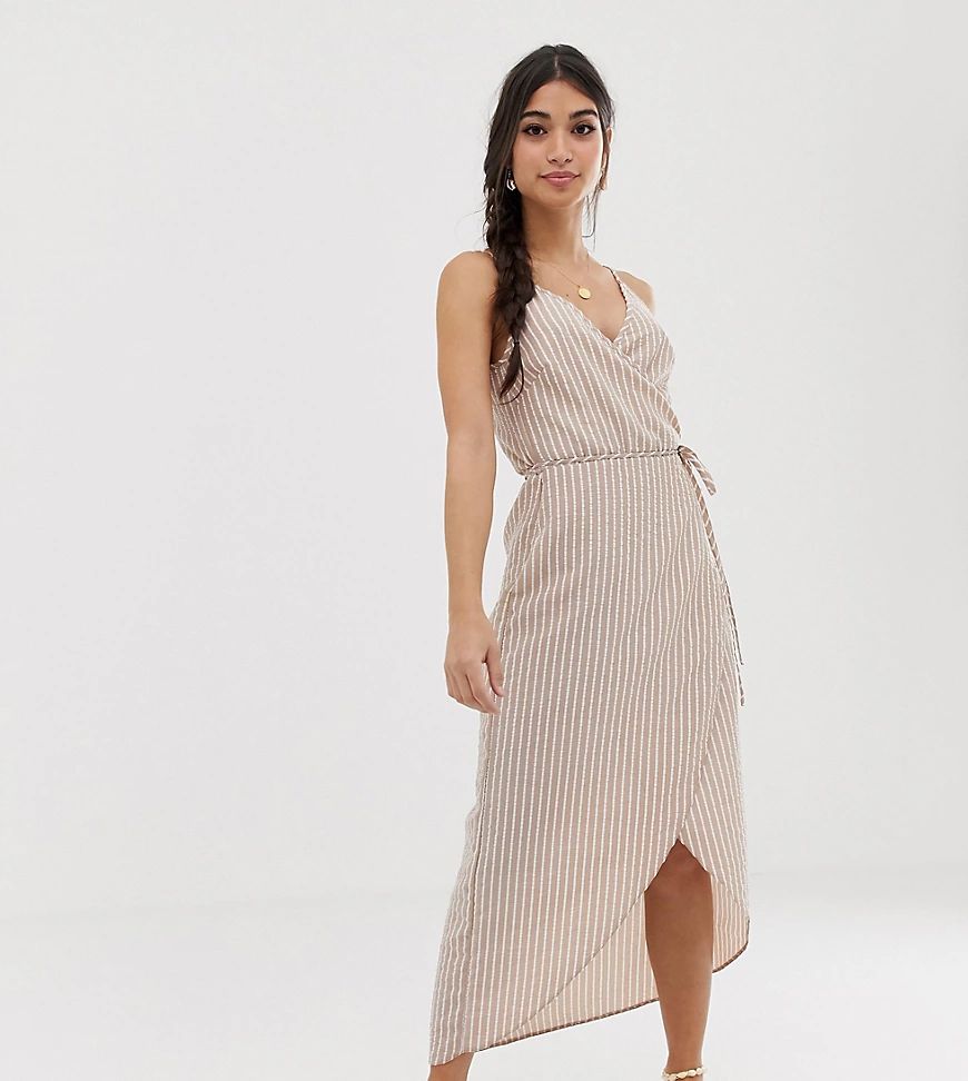 ASOS DESIGN Petite cami wrap maxi dress in seersucker stripe-Multi | ASOS (Global)