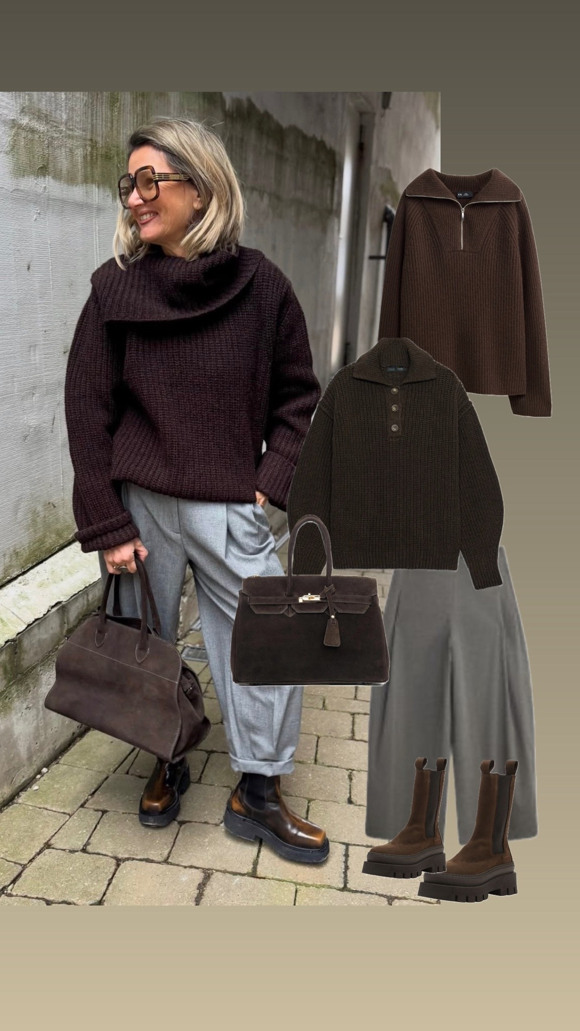 Braun 🤎und grau 🩶ein Klassiker unter den Farbkombinationen, edel für den Herbst 🍂 
Hier ein sportlicher Look