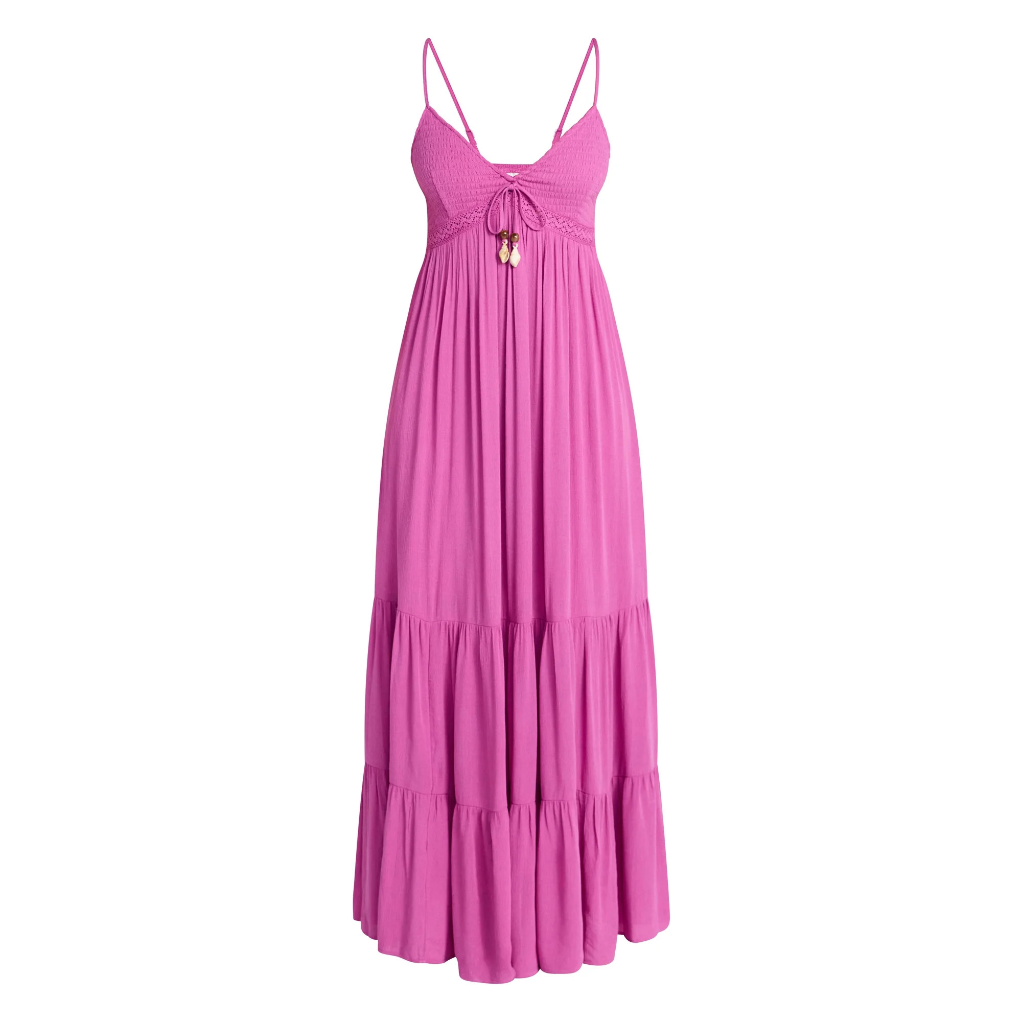 No Boundaries Crochet Lace Trim Tiered Maxi Dress, Women's XXS-XXL | Walmart (US)