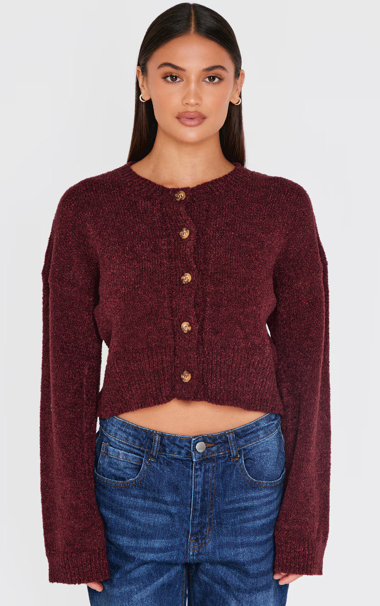 Burgundy Boucle Knit Button Through Cropped Cardigan | PrettyLittleThing US