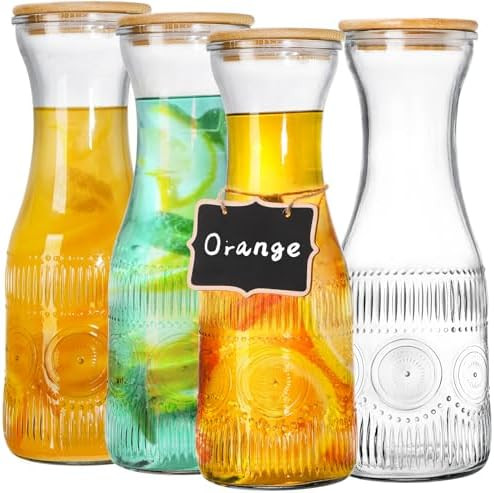 YOUEON 4 Pack 1 Liter Glass Carafe with Lid, Beverage Pitchers Carafes for Mimosa Bar with Bamboo... | Amazon (US)