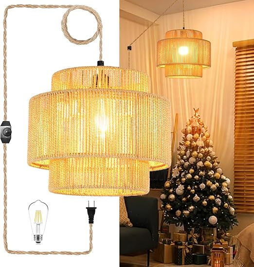Plug in Pendant Light Hanging Lights with Plug in Cord Rattan Hanging Lamp Dimmable Boho Wicker B... | Amazon (US)