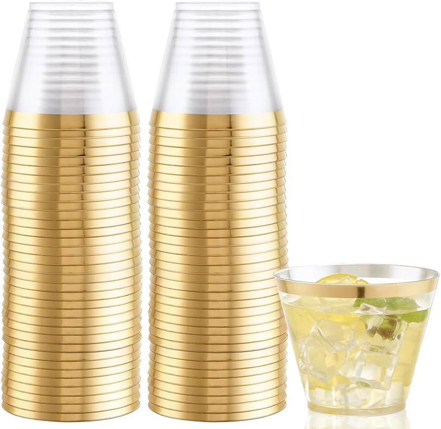 Hioasis 100Pcs 9OZ Clear Cups - Plastic Disposable Cups with Gold Trim, Heavy Duty & BPA-free for... | Amazon (US)