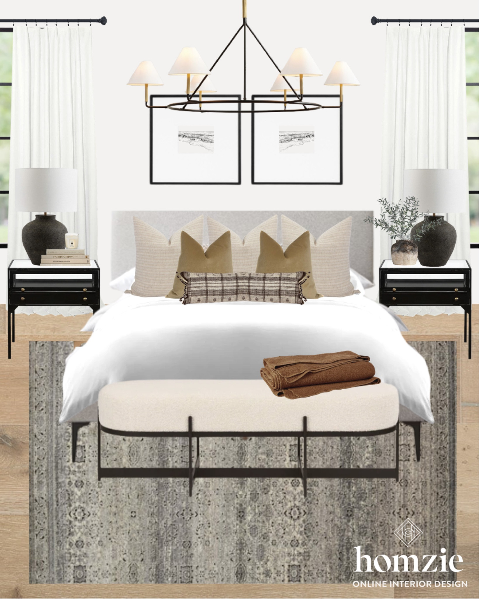 Modern Classic neutral bedroom design with-end of bed bench, upholstered headboard, black nightstands and vintage style rug. 

#LTKunder100 #LTKhome #LTKFind