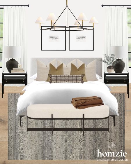 Modern Classic neutral bedroom design with-end of bed bench, upholstered headboard, black nightstands and vintage style rug. 

#LTKunder100 #LTKhome #LTKFind