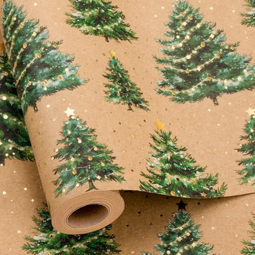 Yarcony Kraft Christmas Wrapping Paper, Green and Gold Wrapping Paper, Luxury Gold Foil Christmas Tree, Star Design Brown Thick Holiday Gift Wrap for Present Packaging, Crafts (17 Inch X 16.5 Feet) | Amazon (US)