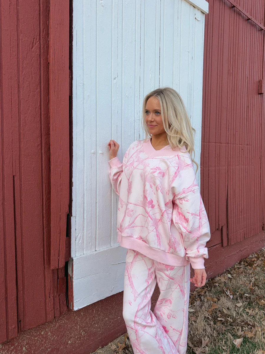 Bubblegum Pink Camo V-Neck Pullover | Ave and Liv Boutique