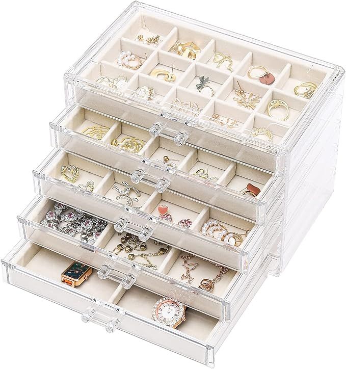 Cq acrylic Jewelry Organizer With 5 Drawers,Earring Storage Box Jewelry Box Organizer Storage Hol... | Amazon (US)
