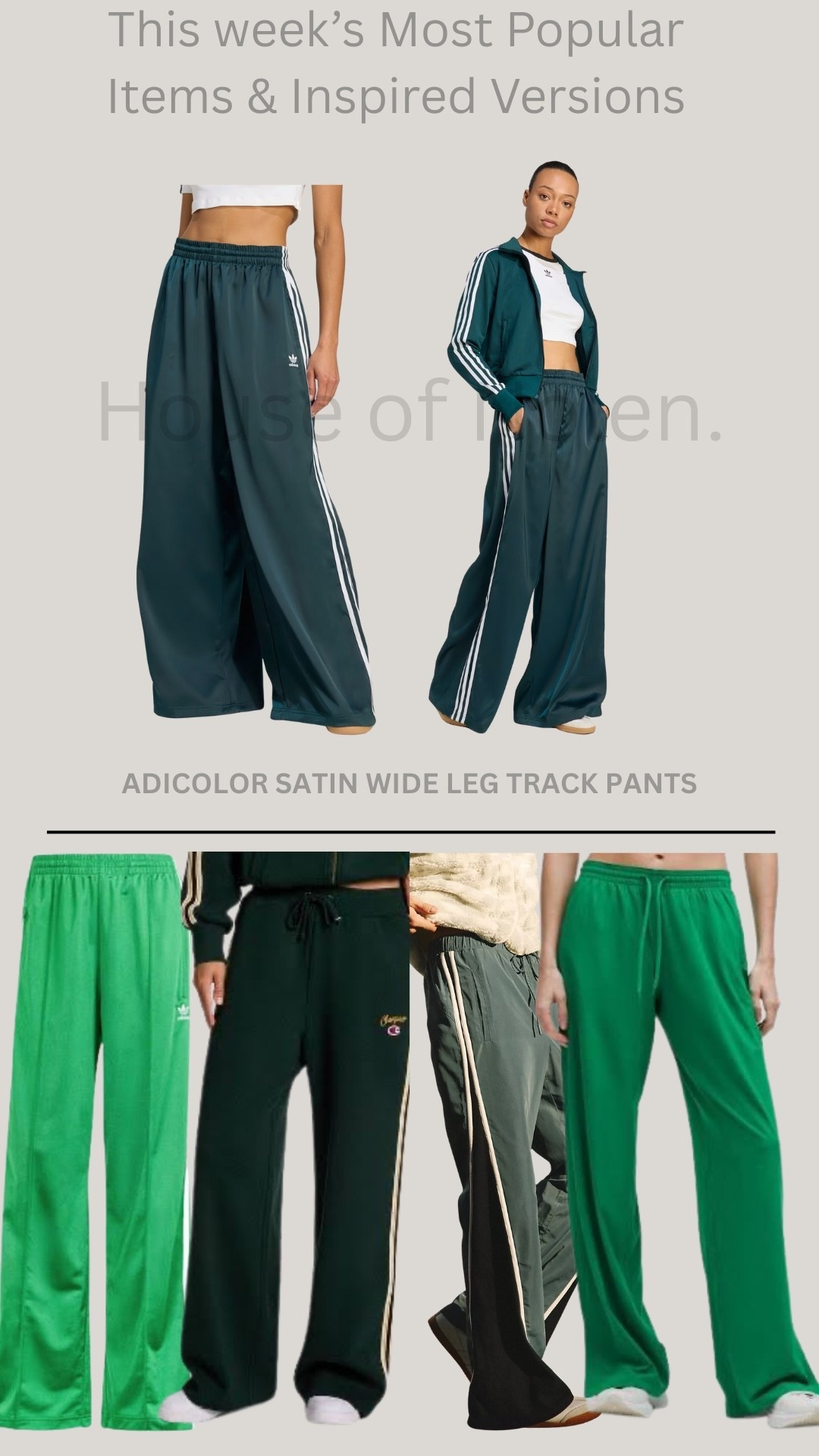 The Adidas satin wide leg track pant has been a favorite this week. Here are some alternatives in color and brand! 

Adidas, Champion for Target, Free People & Lululemon. #LTKStyleTip 

#LTKgrwm #LTKootd #LTKActive