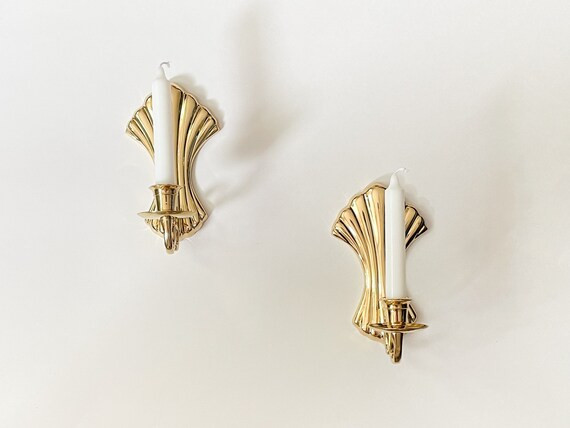 Vtg Brass Candle Sconces Fanned Hollywood Regency Style Wall - Etsy | Etsy (US)