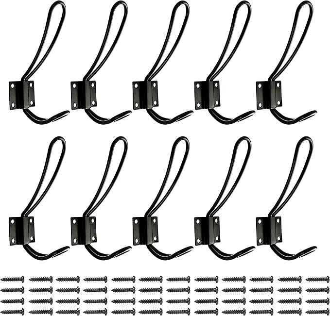 Rustic Entryway Hooks | 5 Pack of Black Wall Mounted Vintage Double Coat Hangers with Large Metal... | Amazon (US)