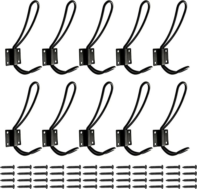 Rustic Entryway Hooks | 10 Pack of Black Wall Mounted Vintage Double Coat Hangers with Large Meta... | Amazon (US)