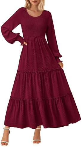 PRETTYGARDEN Women's Smocked Maxi Dress 2025 Fall Casual Long Sleeve Swiss Dot Ruffle Long Flowy ... | Amazon (US)