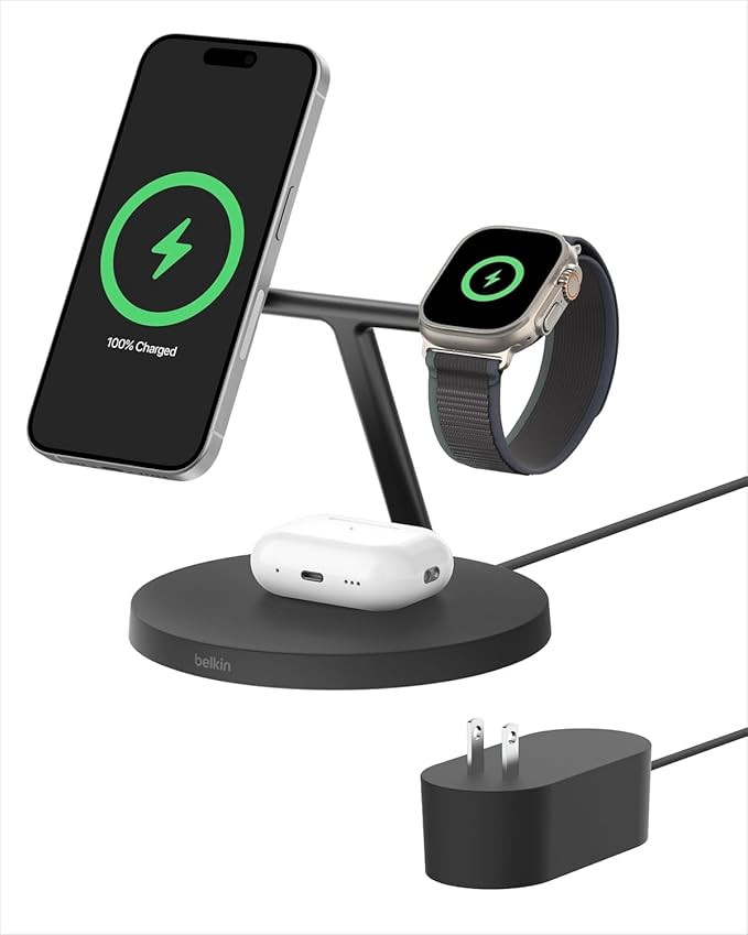 Belkin MagSafe-Compatible Charger, 3-in-1 Wireless Charging Station, Qi2-Certified 15W Wireless C... | Amazon (US)