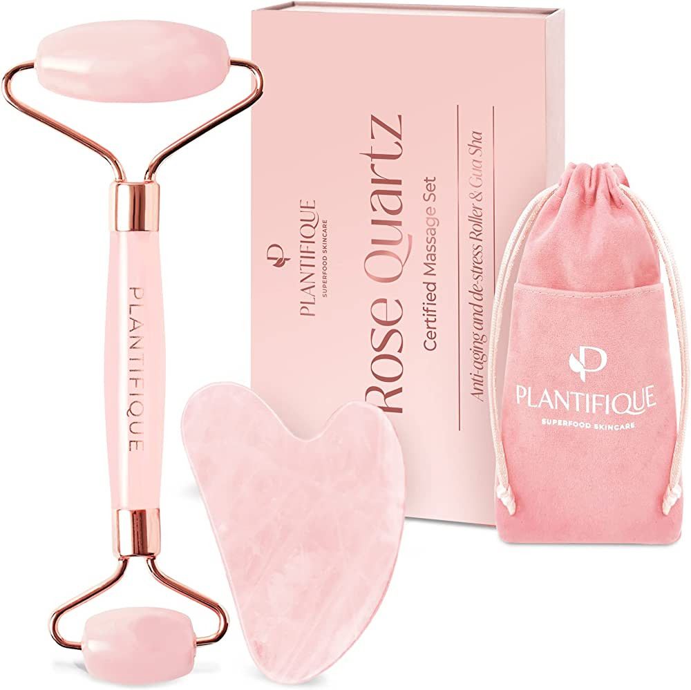 Premium Certified Rose Quartz Roller and Gua Sha Set - Includes Anti Aging Face Roller and Gua Sh... | Amazon (US)