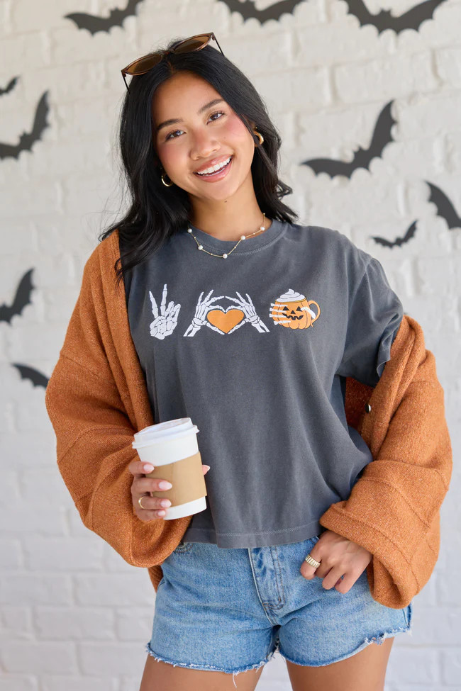 Peace, Love, and Pumpkin Spice Latte Dark Grey Boxy Graphic Tee | Pink Lily