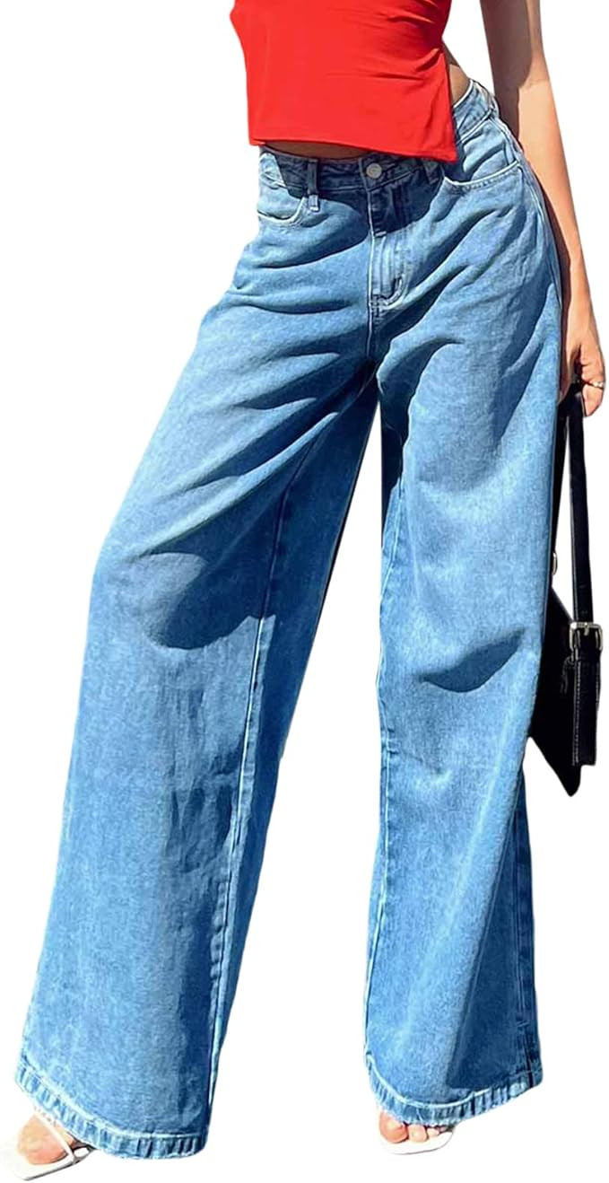 Women Baggy Y2K Jeans Vintage Low Waisted Straight Leg Denim Pants E-Girl Streetwear Clubwear | Amazon (US)