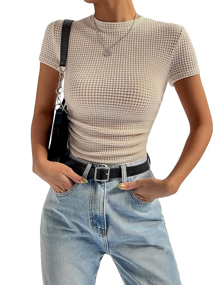 SOLY HUX Women's Mock Neck Short Sleeve Ruched Crop Tops T Shirt Waffle Knit Tee | Amazon (US)