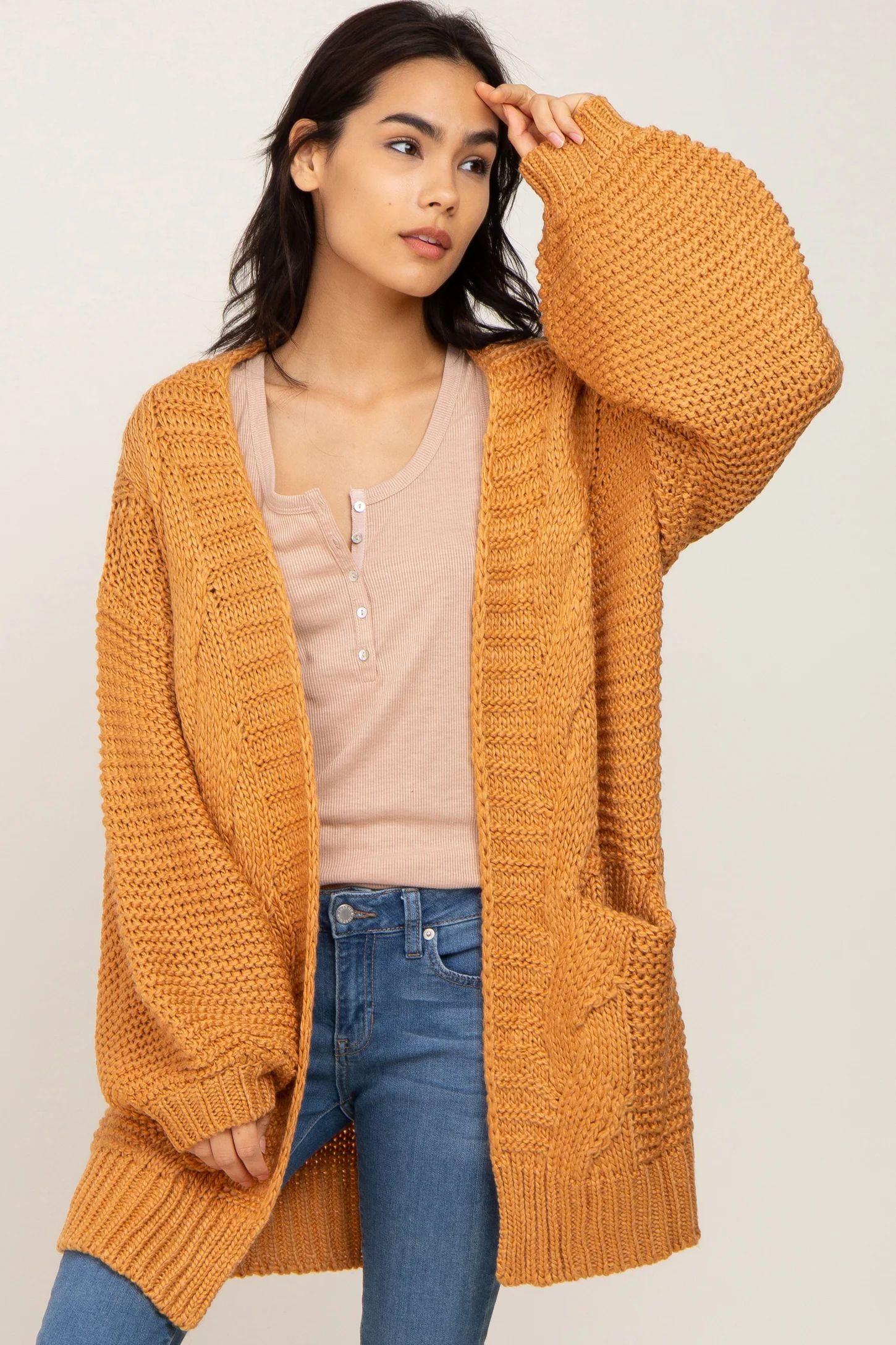 Camel Cable Knit Front Pocket Cardigan | PinkBlush Maternity