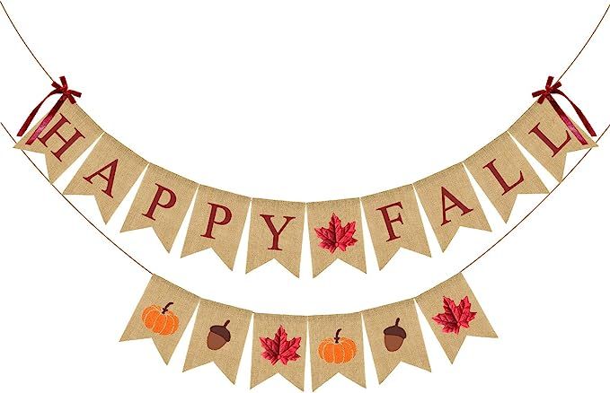 Happy Fall Banner Decorations,2 Pack Thanksgiving Fall Pumpkins Maple Leaves Acorn Burlap Banner ... | Amazon (US)