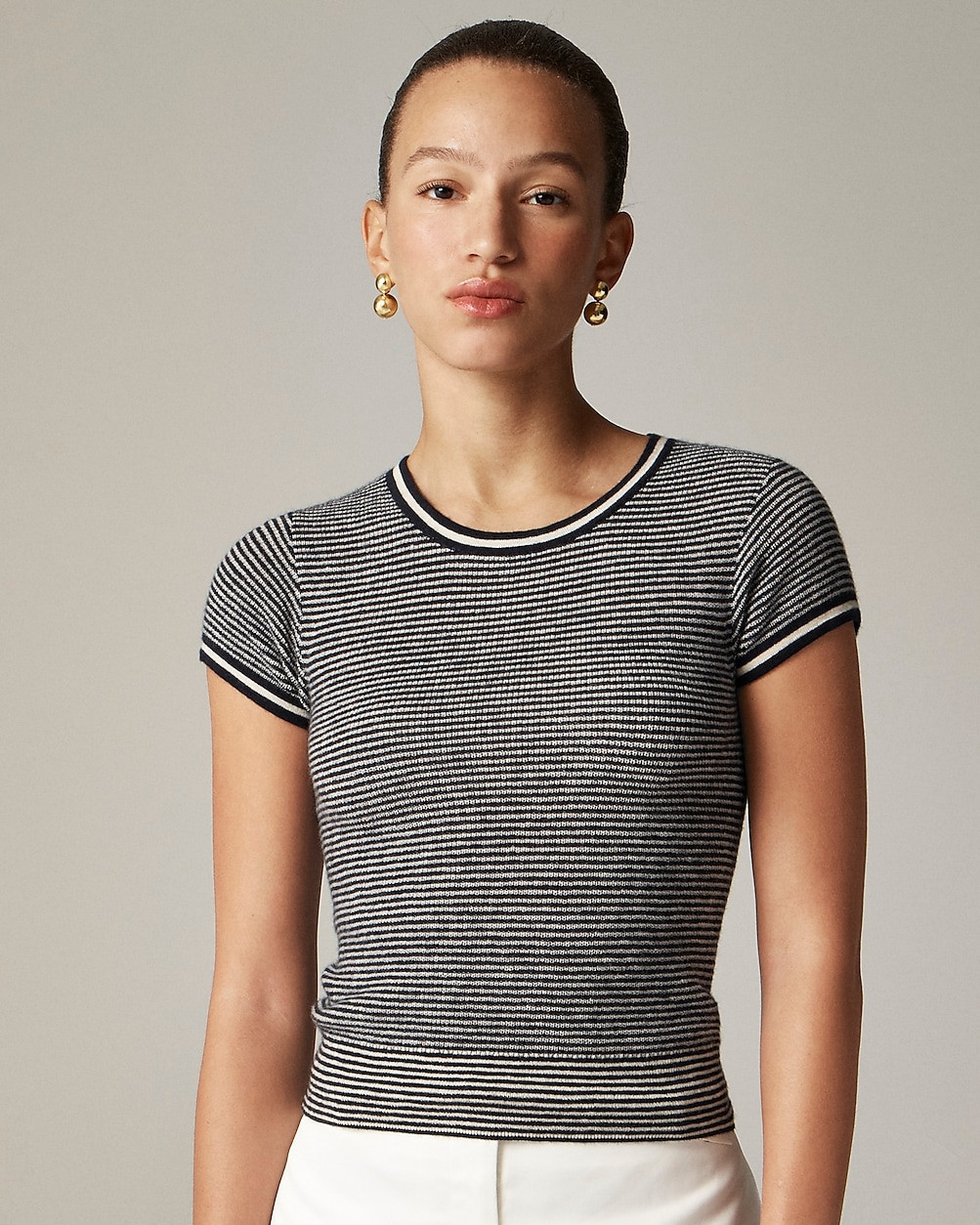 Ribbed featherweight cashmere T-shirt in stripe | J. Crew US