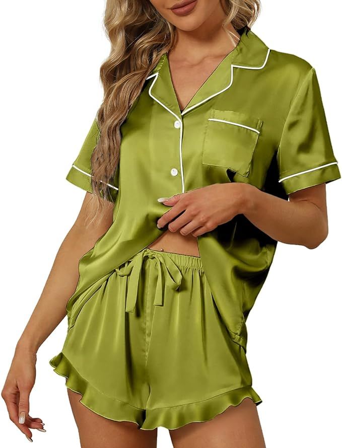 SAPJON Satin Silk Pajamas for Women 2Pcs Ruffle Notch Collar Sleepwear Button Down Short Sleeve S... | Amazon (US)